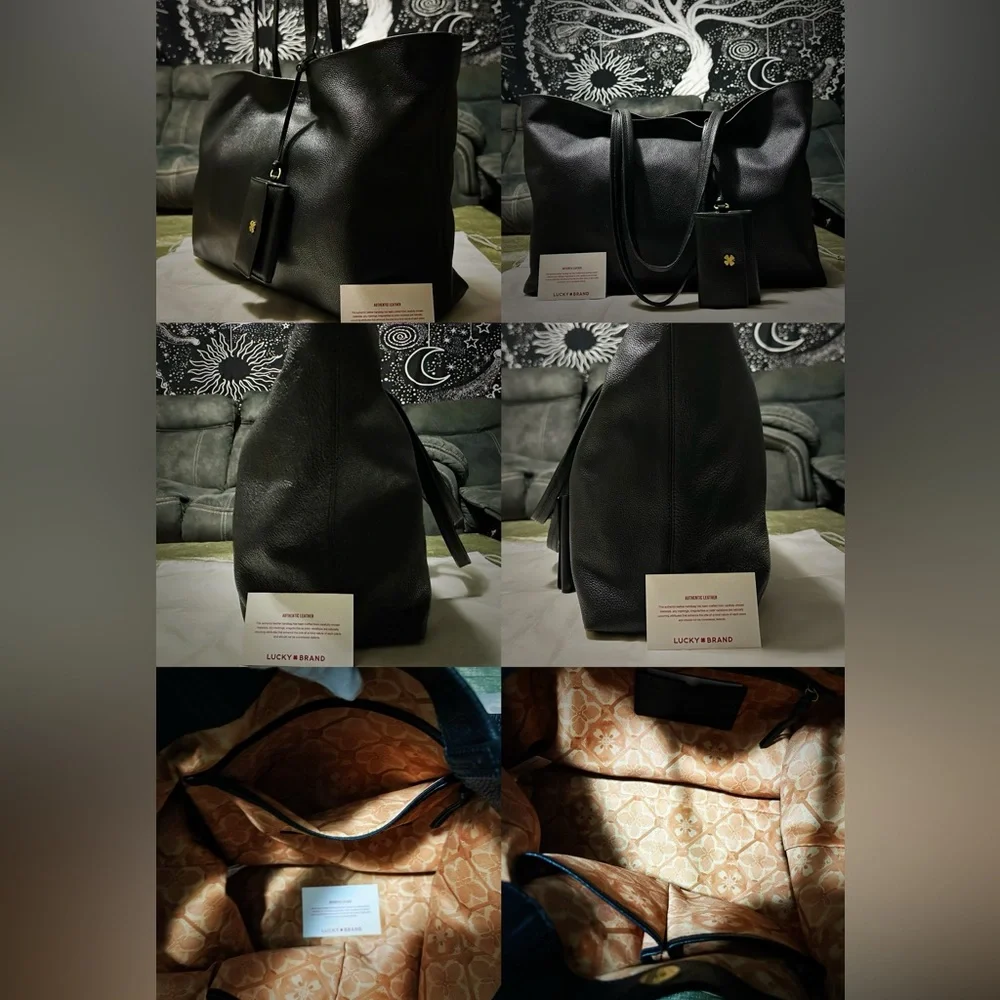 Vintage Y2K Lucky Brand Black soft Leather Tote Bag with keychain wallet laptop - Picture 10 of 17